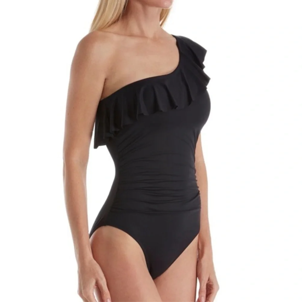 La Blanca Black Eden Ruffle One Shoulder Swimsuit